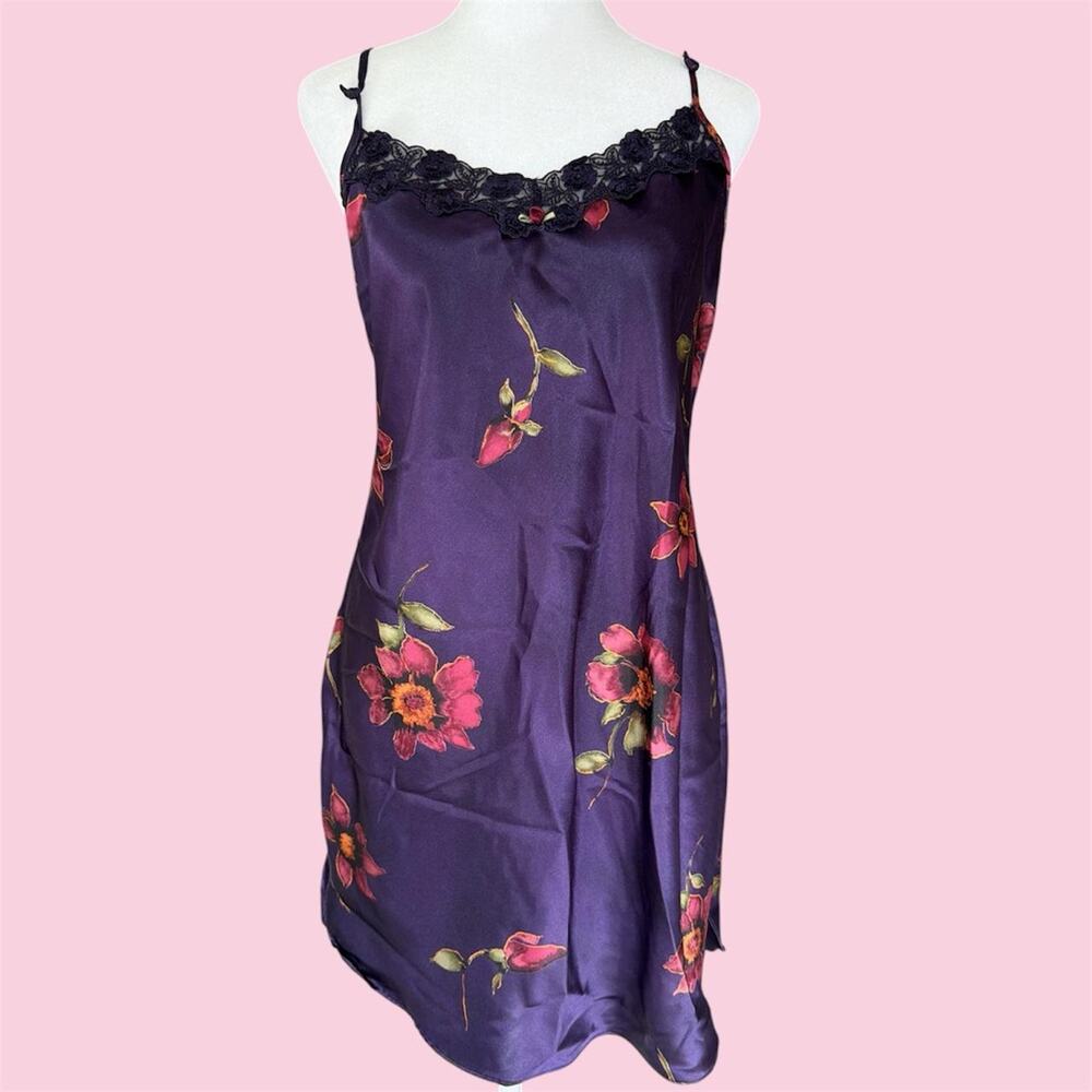 Vintage Delicates Satin Purple floral slip dress with pink flowers